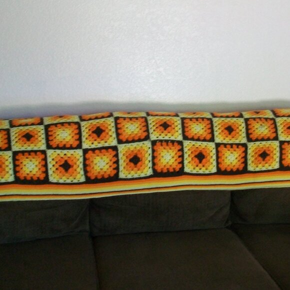 Vintage 70's Hand Crochet Granny Square Afghan Orange Yellow Brown 42" x 70" - Picture 8 of 8